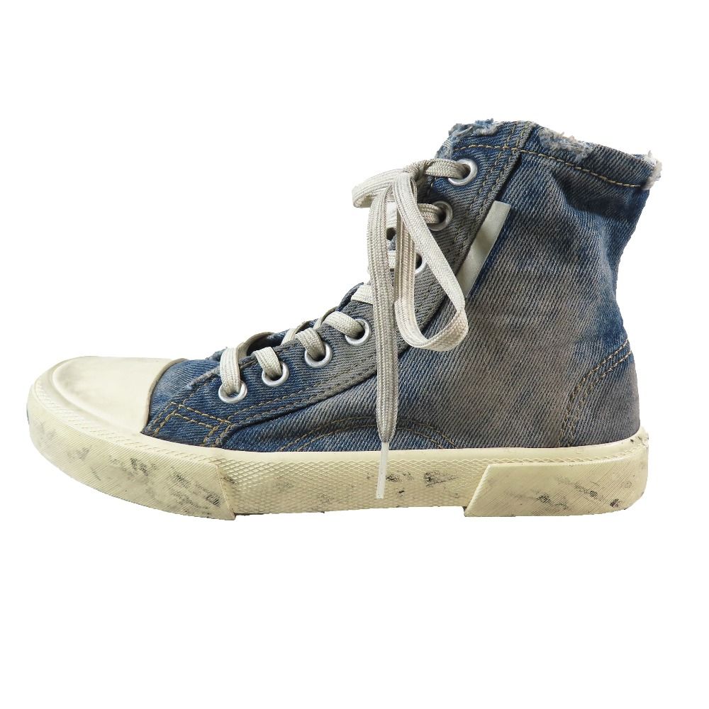 新品同様 BALENCIAGA バレンシアガ PARIS HIGH TOP デニム ダメージ ユーズド加工 ロゴ ハイカットスニーカー シューズ 24.5cm インディゴ メンズ 古着 中古 USED