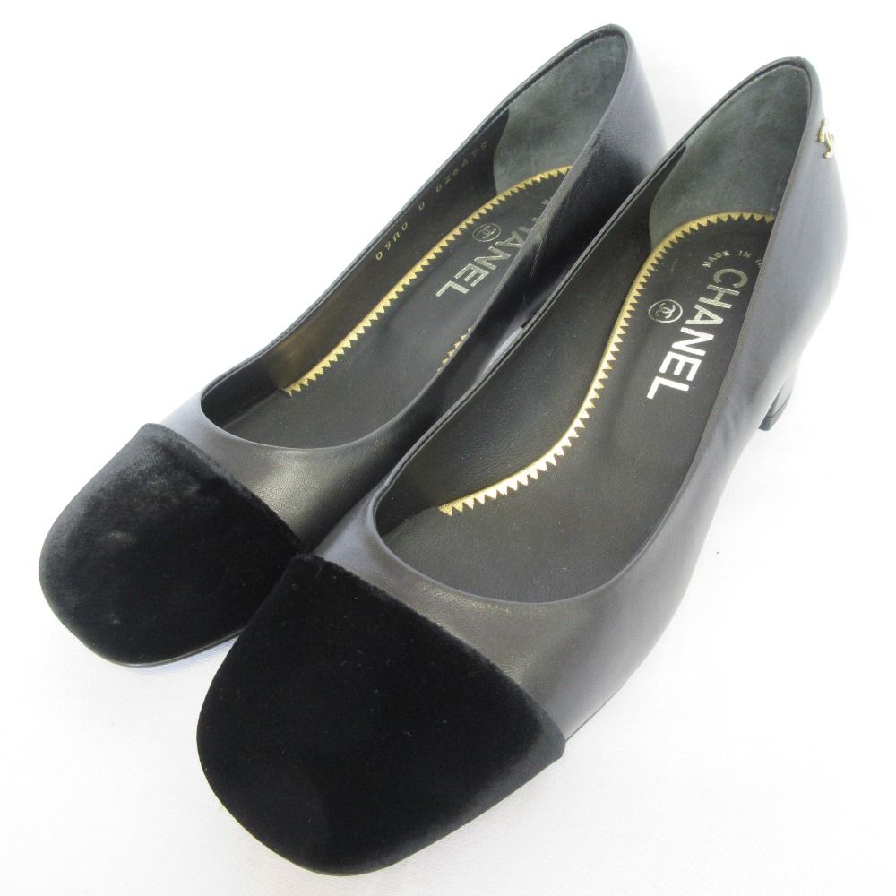 未使用 CHANEL シャネル ベルベット×レザー スクエアトゥパンプス G26472 サイズ35C 22cm相当 ブラック レディース 古着 中古 USED