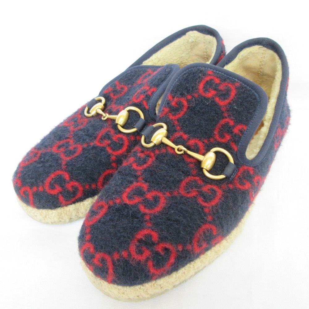良品 GUCCI グッチ GG柄 フェルト ホースビット スリッポン シューズ 36 1/2 23.5cm相当 ネイビー レディース 古着 中古 USED