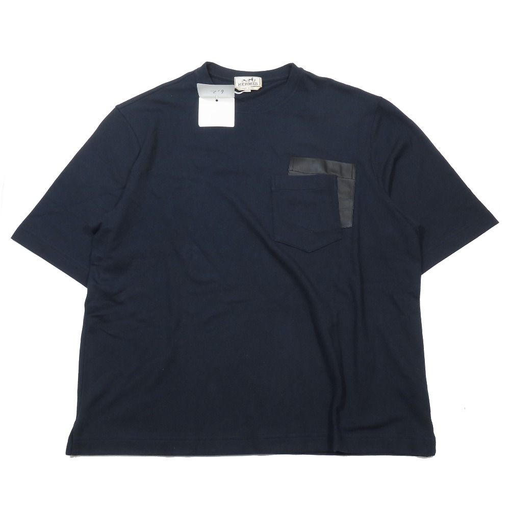 未使用 HERMES エルメス 半袖 Tシャツ ラムスキン レザーパッチ ポケット クルーネック カットソー コットン カシミヤ混 M ネイビー メンズ 古着 中古 USED