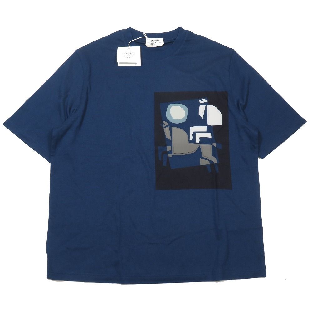 未使用 HERMES エルメス VELKY LOV ヴェルキーラブ Tシャツ 半袖 カットソー ホースデザイン コットン カシミヤ混 M ブルー メンズ 古着 中古 USED