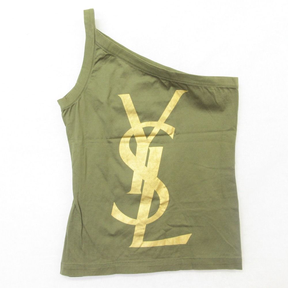 良品 YVES SAINT LAURENT rive gauche イヴサンローラン リヴゴーシュ YSLロゴプリント ワンショルダー カットソー S カーキ レディース 古着 中古 USED
