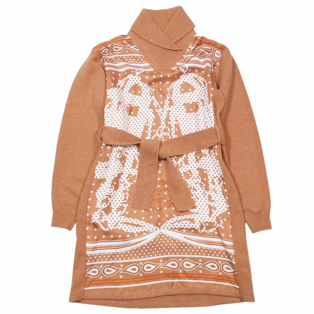 未使用 HERMES エルメス シルク ツイルレーヌ Brides de Gala ウール カシミヤ ニット ワンピース ショールカラー 36 コーラルオレンジ レディース 古着 中古 USED