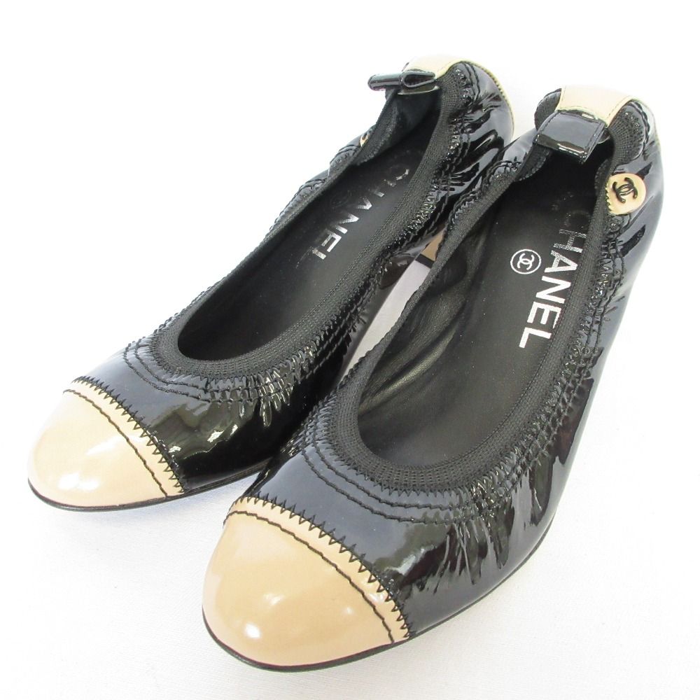 美品 CHANEL シャネル パテントレザー バレエパンプス G27488 サイズ34.5C 21.5cm相当 ブラック×ベージュ レディース 古着 中古 USED