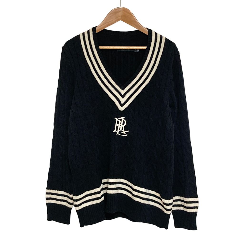 美品 LAUREN RALPH LAUREN ローレンラルフローレン ロゴ刺繍 ケーブル チルデンニット セーター L ブラック レディース 古着 中古 USED