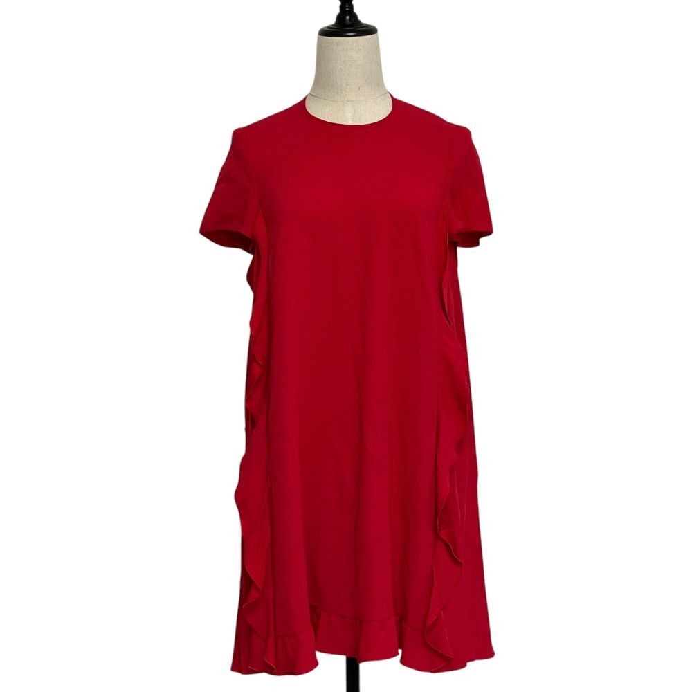 美品 RED VALENTINO レッドヴァレンティノ サイドフリル ショートスリーブ ワンピース 38 レッド レディース 古着 中古 USED