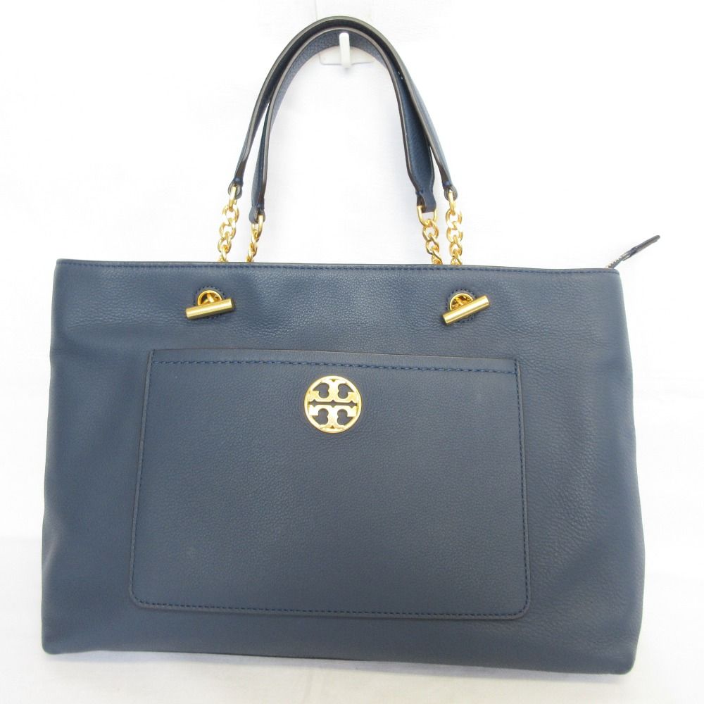 美品 TORY BURCH トリーバーチ チェルシー サッチェル レザー ロゴプレート チェーン ハンドバッグ ショルダーバッグ ネイビー レディース 古着 中古 USED