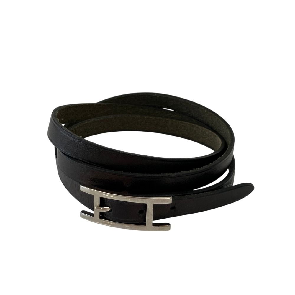 美品 HERMES エルメス アピ3 3連 レザーブレスレット ブラック シルバーカラー金具 メンズ レディース 古着 中古 USED