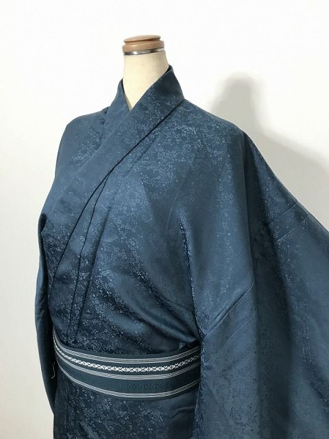 新品 Lサイズ 男物 色無地 化繊 花鳥の地紋 錆御納戸色