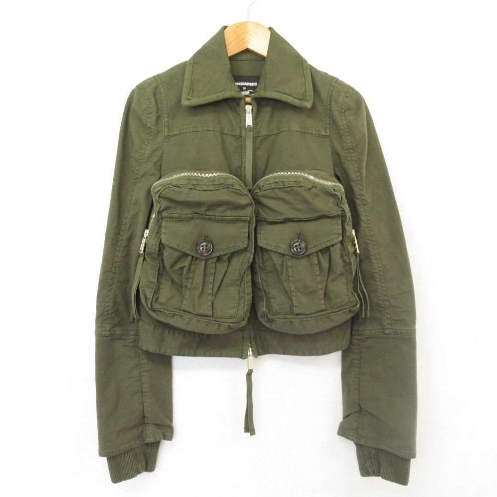 美品 DSQUARED2 ディースクエアード ユーティリティポケット クロップドミリタリージャケット S72AM0936 サイズ38 カーキ レディース 古着 中古 USED