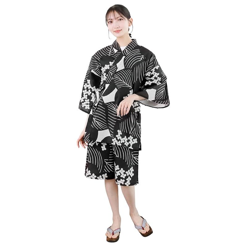 [KYOETSU] [キョウエツ] 甚平 単品 ルームウェア 綿 上下セット レディース (墨絵花影, フリーサイズ) 1
