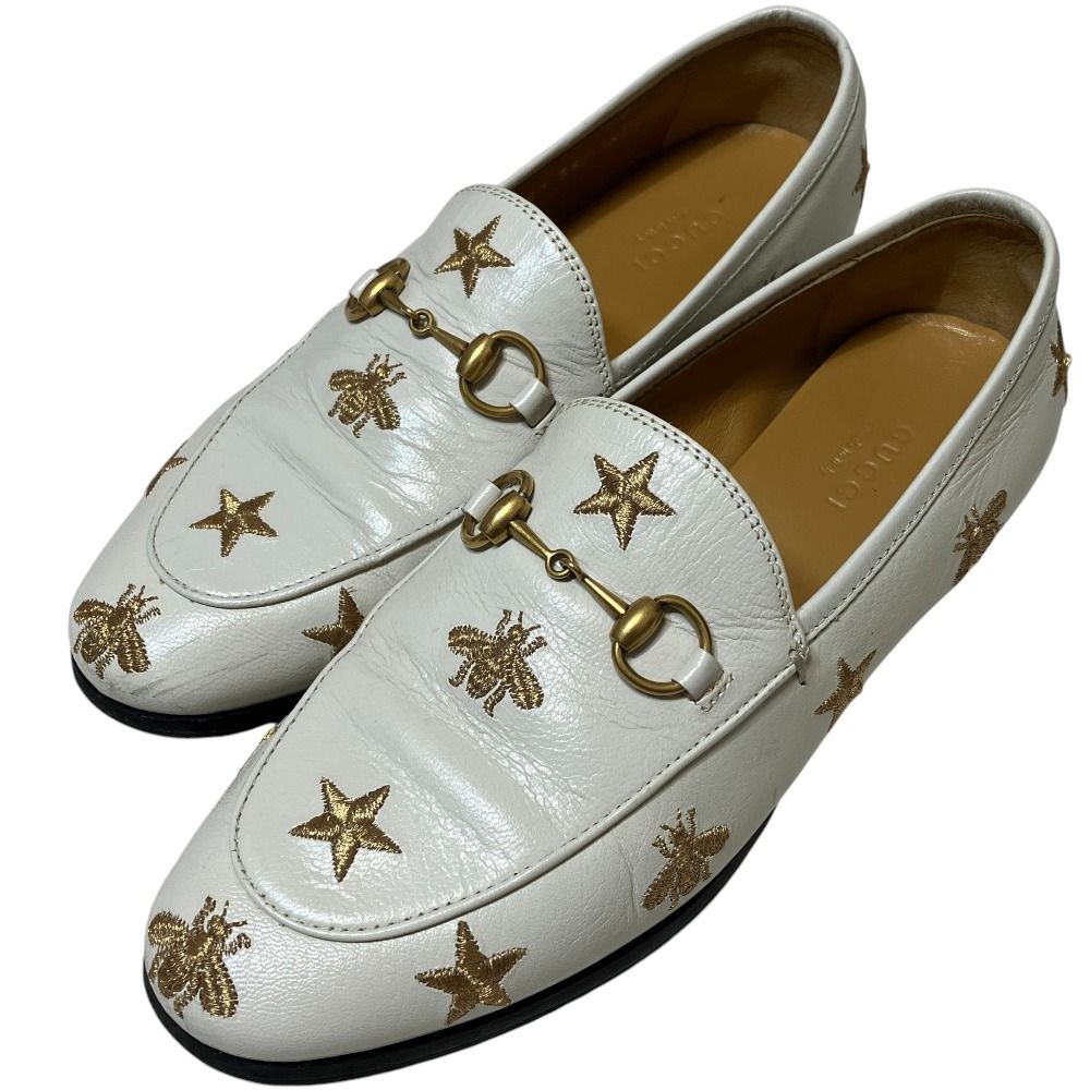 良品 GUCCI グッチ スター ビー エンブロイダリー ヨルダーン ホースビット ローファー 36 23cm相当 ホワイト レディース 古着 中古 USED