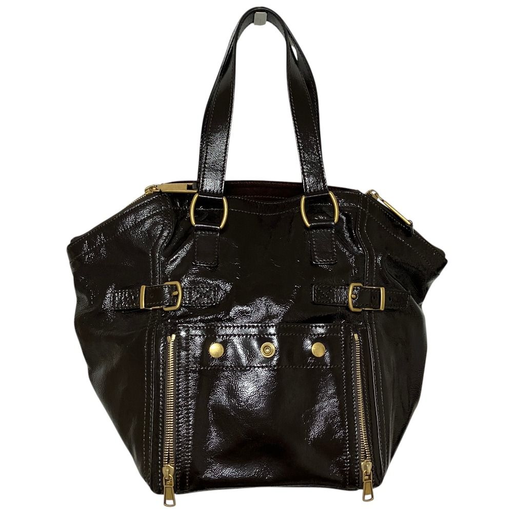 美品 Yves Saint Laurent Rive Gauche イヴサンローラン ダウンタウン パテントレザー トートバッグ 202649 ダークブラウン レディース 古着 中古 USED