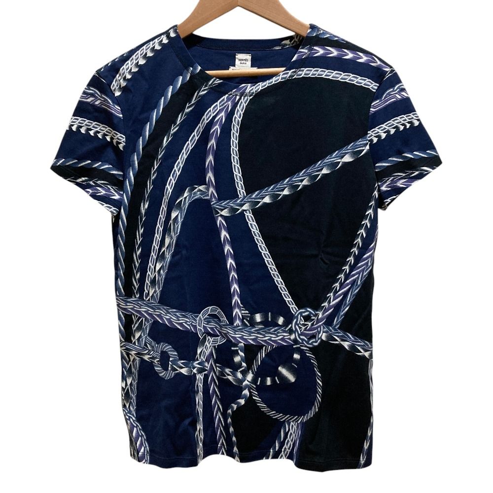美品 HERMES エルメス Robe du Soir プリント Tシャツ ショートスリーブ カットソー サイズ36 ネイビー レディース 古着 中古 USED