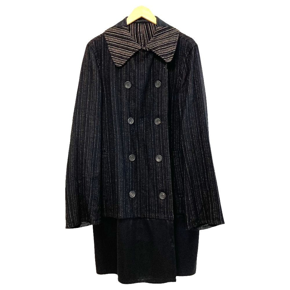 【美品】Y's ヨウジヤマモト　ブラック ダブルブレストコート 美品 Y's ワイズ ヨウジヤマモト サテン切替 ストライプ ダブル