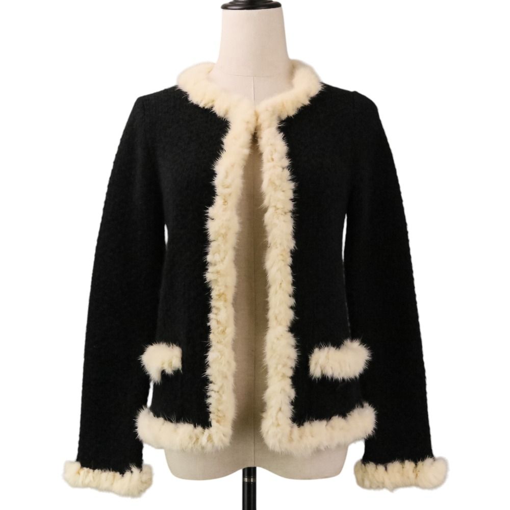 美品 CHANEL シャネル 03A ミンクファートリム ニットジャケット 38 ブラック レディース 古着 中古 USED