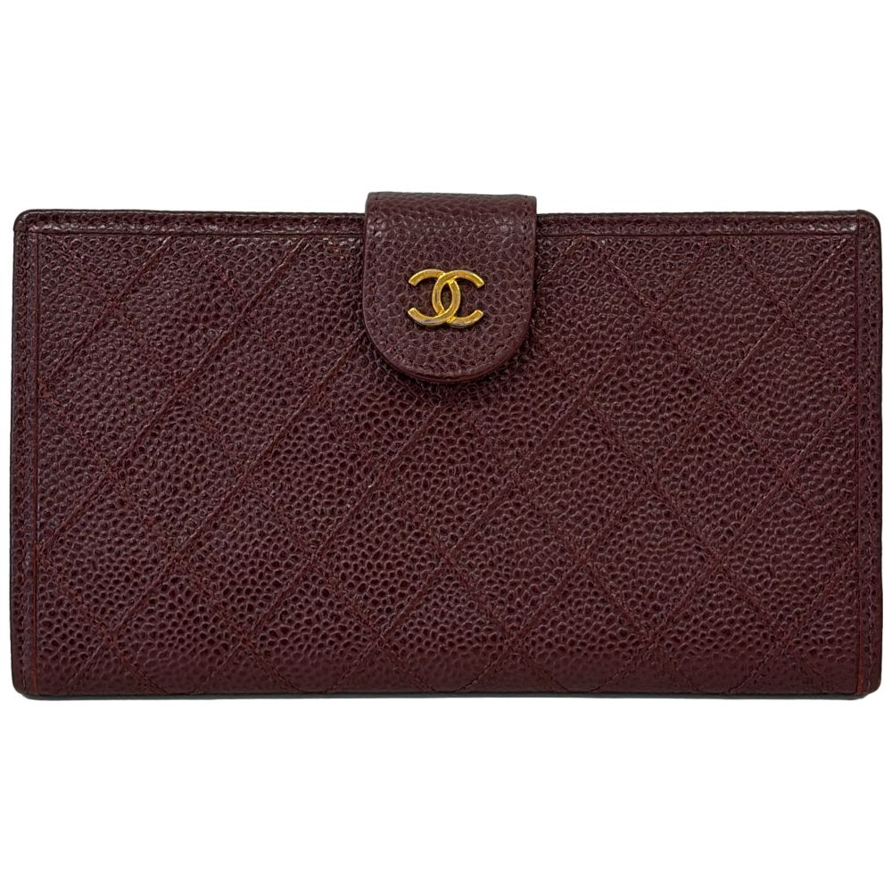 良品 CHANEL シャネル キャビアスキン ビコローレ 二つ折り財布 ウォレット ボルドー レディース 古着 中古 USED
