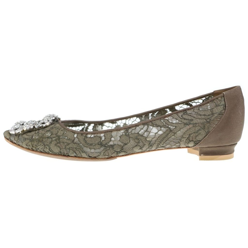 MANOLO BLAHNIK (マノロブラニク) ハンギシ レース ビジュー装飾バックル フラットシューズ パンプス カーキ レディース