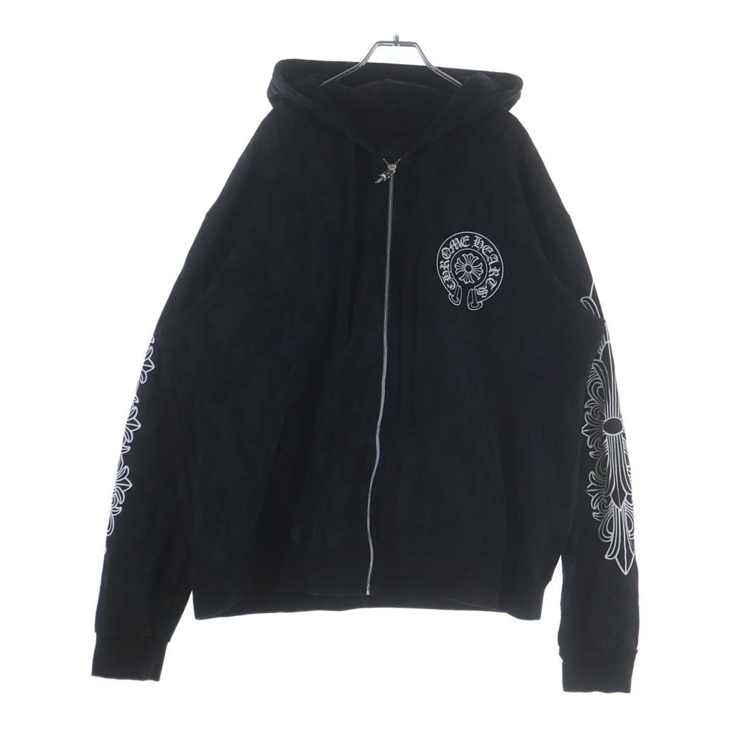 CHROME HEARTS (クロムハーツ) Graveyard Cemetery Cross Sweat Zip Up Hoodie 総柄 グレイブヤードセメタリークロス スウェットフーディジップアップパーカー ブラック