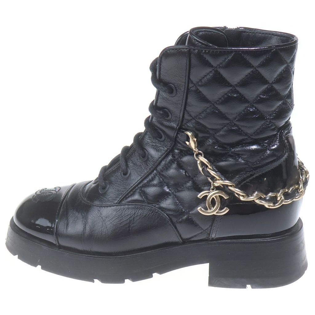 CHANEL (シャネル) マトラッセ ココマーク レザー レースアップ チェーンブーツ ショートブーツ #36 ブラック