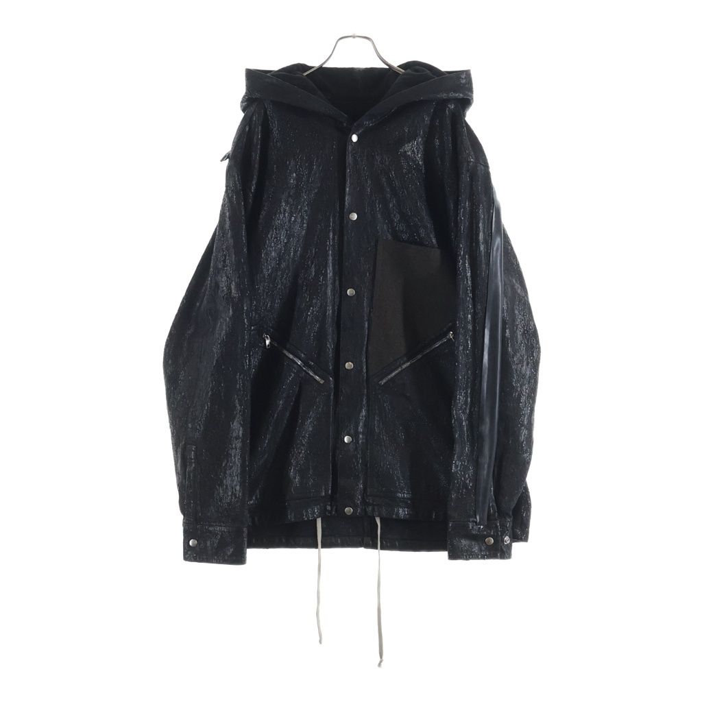 Rick Owens (リックオウエンス) 24AW PORTERVILLE Tour Hoodie ポーターヴィル期 ツアーフーディー クラックワックスコーティングフーデットジャケット RR02D6713-BMTWTY ブラック