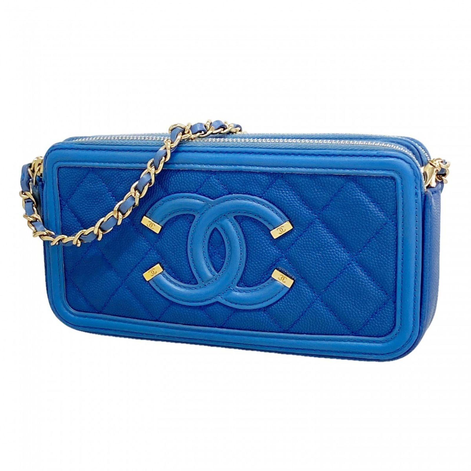 シャネル(Chanel) シャネル ポシェット チェーンショルダー CCフィリグリー キャビアスキン ブルー シャンパンレディース