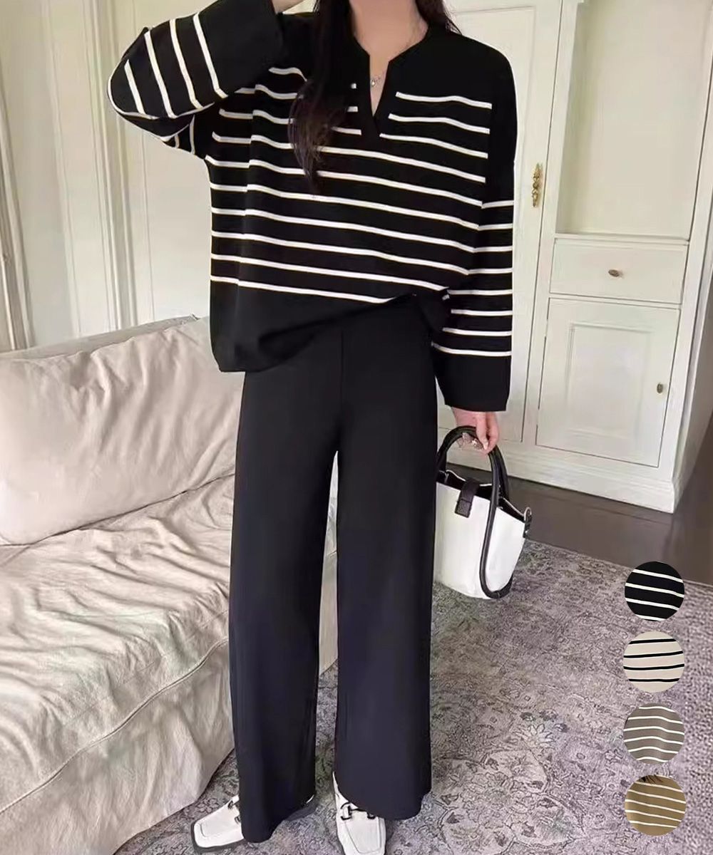 [即納] ニットセットアップ トップスパンツセット レディース スリットネック ボーダーニットトップス セミワイドパンツ上下セット ゆったり らくちん ニットパンツ 韓国風 1102