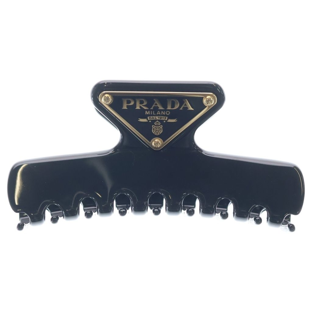 PRADA (プラダ) トライアングルロゴ メタル ヘアクリップ バレッタ ブラック 1IF103