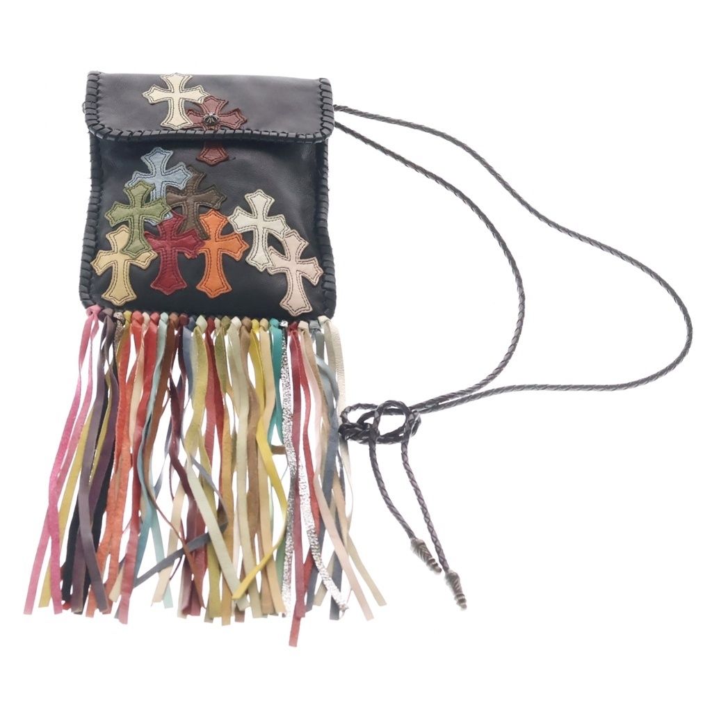 CHROME HEARTS (クロムハーツ) BAG-FLAT HIPPIE w FRINGE ヒッピー マルチセメタリークロス フリンジ装飾レザーショルダーバッグ
