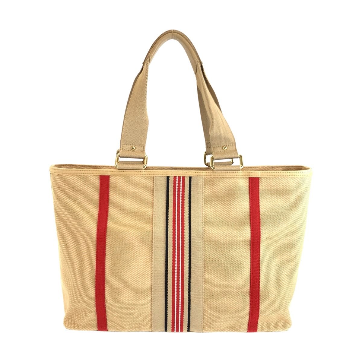 BURBERRY　ベージュ キャンバス トートバッグ 美品 BURBERRY バーバリー ベージュ レッド ゴールド金具 キャンバス