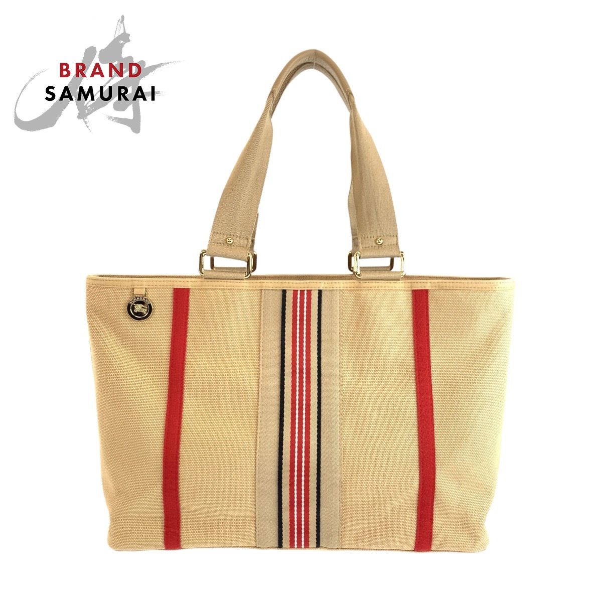 美品 BURBERRY バーバリー ベージュ レッド ゴールド金具 キャンバス トートバッグ ハンドバッグ レディース 603165【中古】