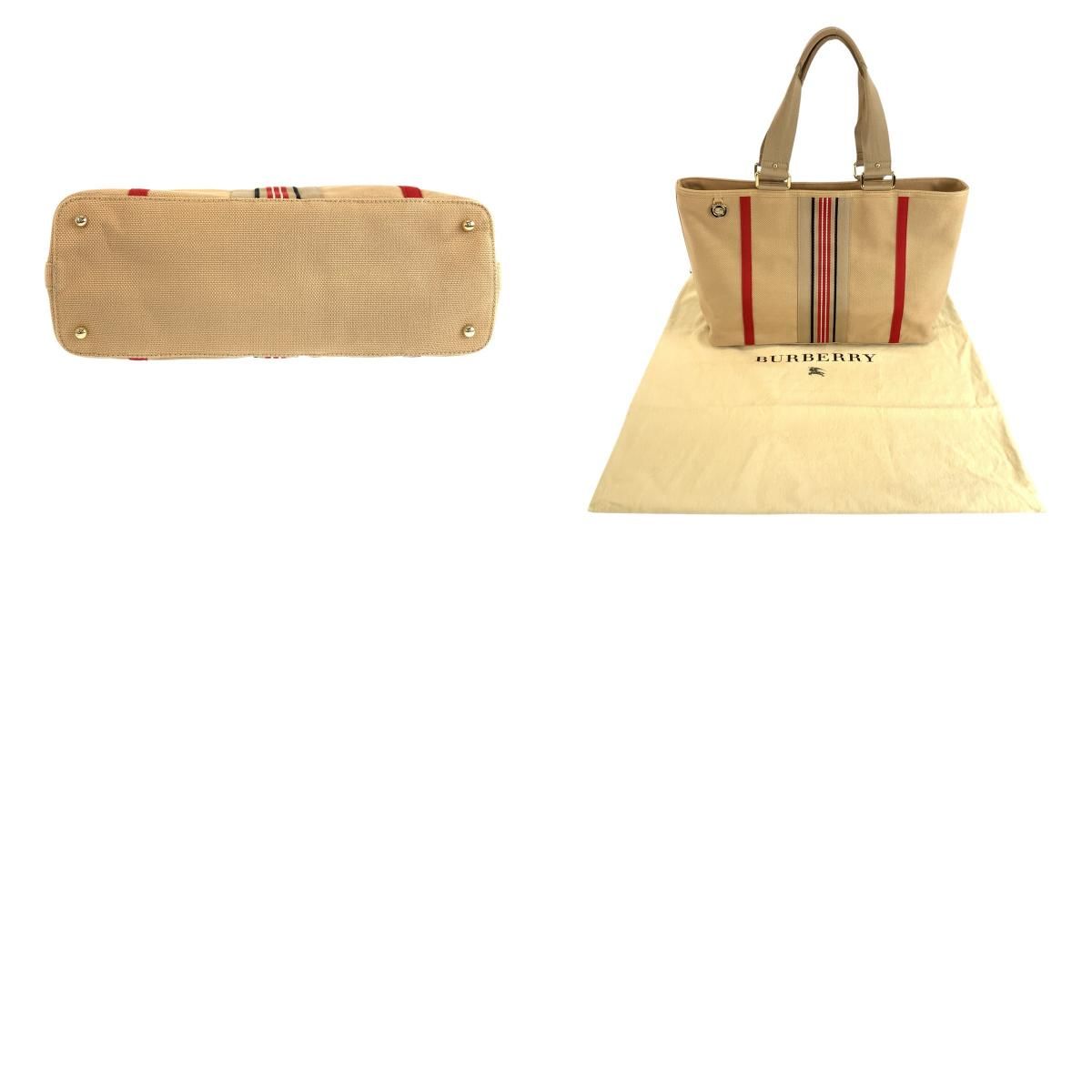BURBERRY　ベージュ キャンバス トートバッグ 美品 BURBERRY バーバリー ベージュ レッド ゴールド金具 キャンバス