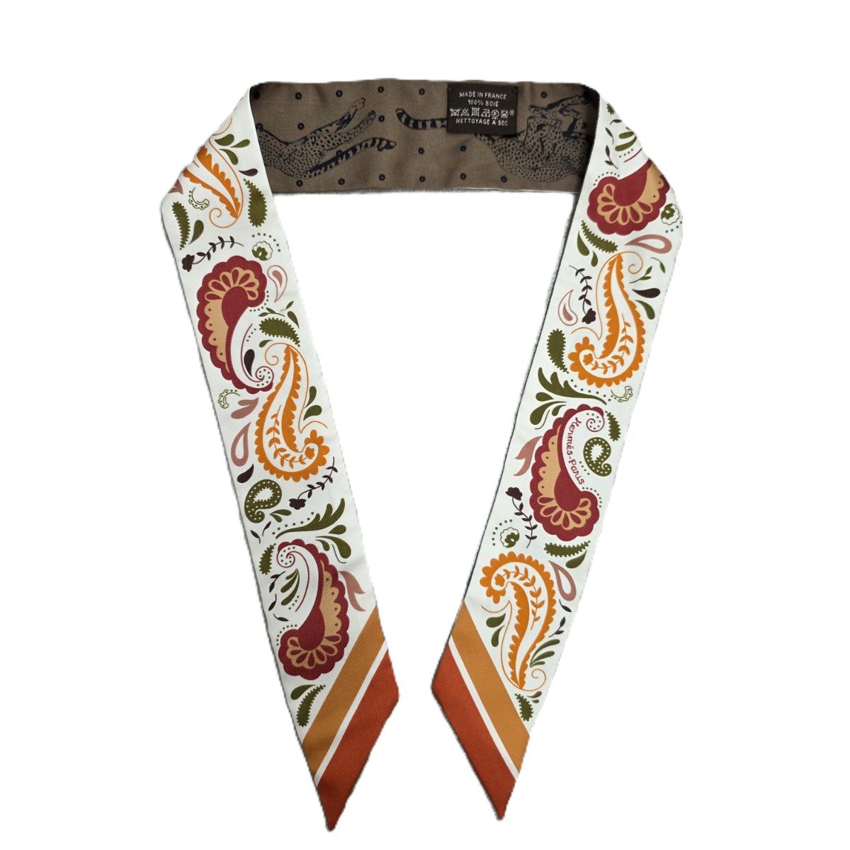 HERMES エルメス 24AW GUEPARDS BANDANA チーター バンダナ ツイリー スカーフ レディース シルク ホワイト 中古