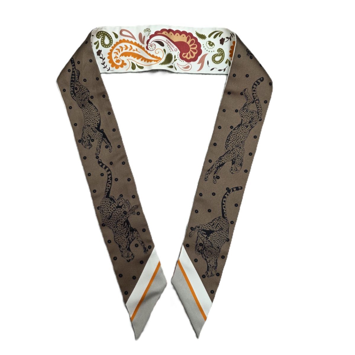 HERMES エルメス 24AW GUEPARDS BANDANA チーター バンダナ ツイリー スカーフ レディース シルク ホワイト 中古