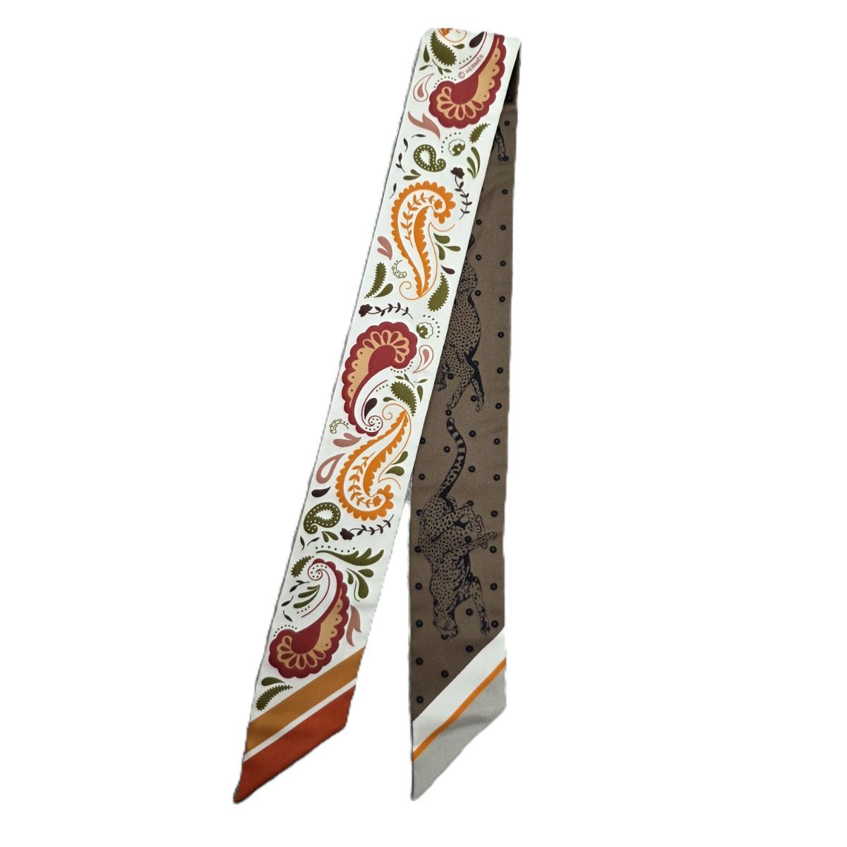 HERMES エルメス 24AW GUEPARDS BANDANA チーター バンダナ ツイリー スカーフ レディース シルク ホワイト 中古