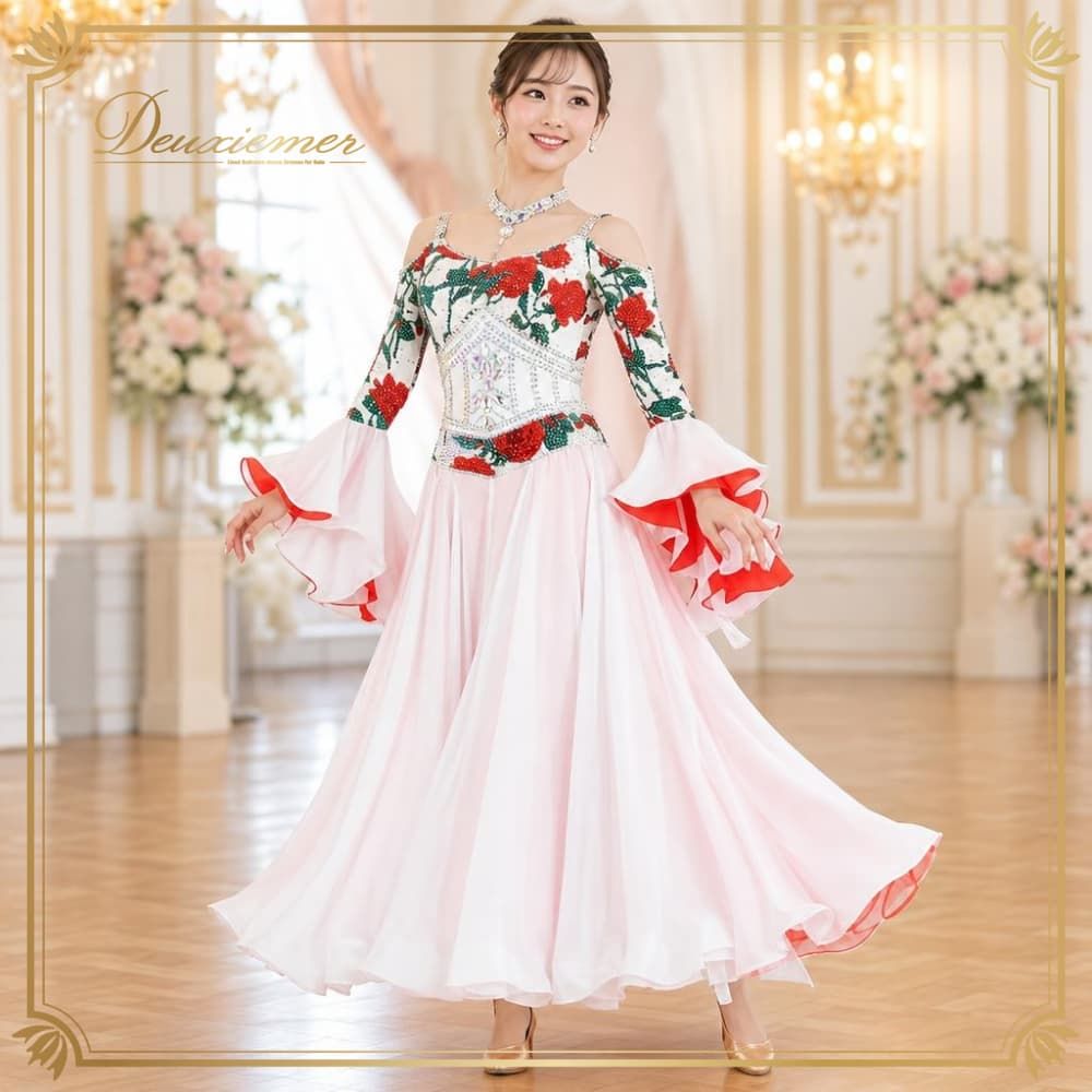 社交ダンス 衣装 ドレス ワンピース スタンダード ホワイト系 レッド系 グリーン系 白 赤 花柄 デモ 競技 上品 ダンス パーティ 発表会 高級感 華やか レディース