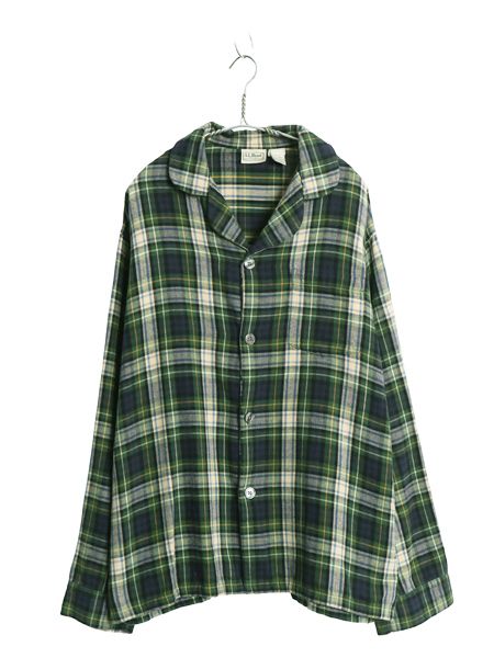 エルエルビーン チェック オープンカラー 長袖 パジャマ シャツ メンズ L 古着 コットン フランネル ネルシャツ ボックス 開襟 長袖シャツ