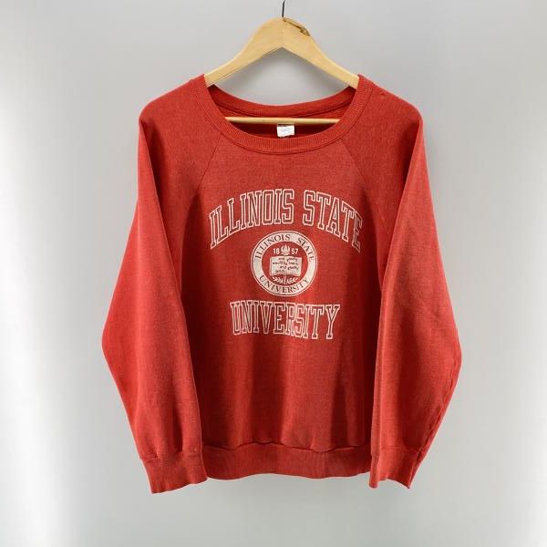 【中古】CHAMPION 80s 後期トリコタグ ILLINOI STATE カレッジスウェット レッド size L ※袖破れ[24]
