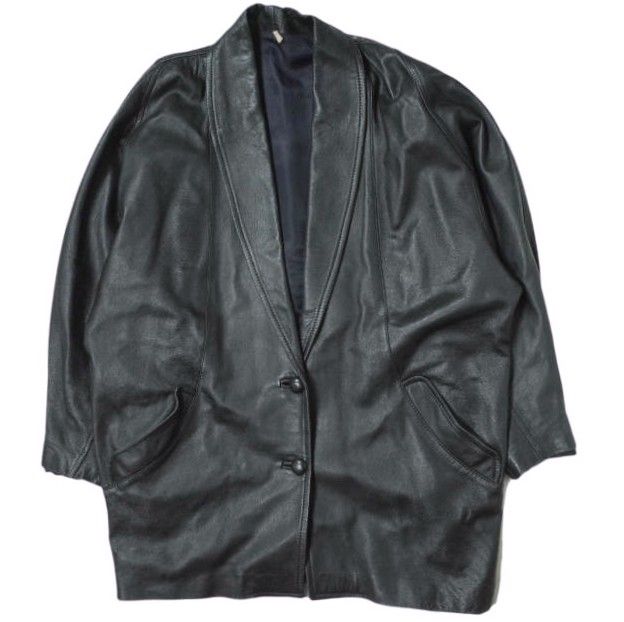 古着 ドルマンスリーブ レザーショールカラージャケット 38 DARK NAVY