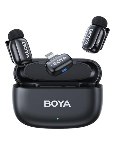 BOYA Mini 【ワイヤレスマイク】iPhone 11/12/13/14用 MFI認証 Lightningコネクタ ピンマイク ノイズキャンセリング 30時間バッテリー寿命 充電ケース付き Voice Changer, 音声と画像の同期 ラペルマ 国内発送