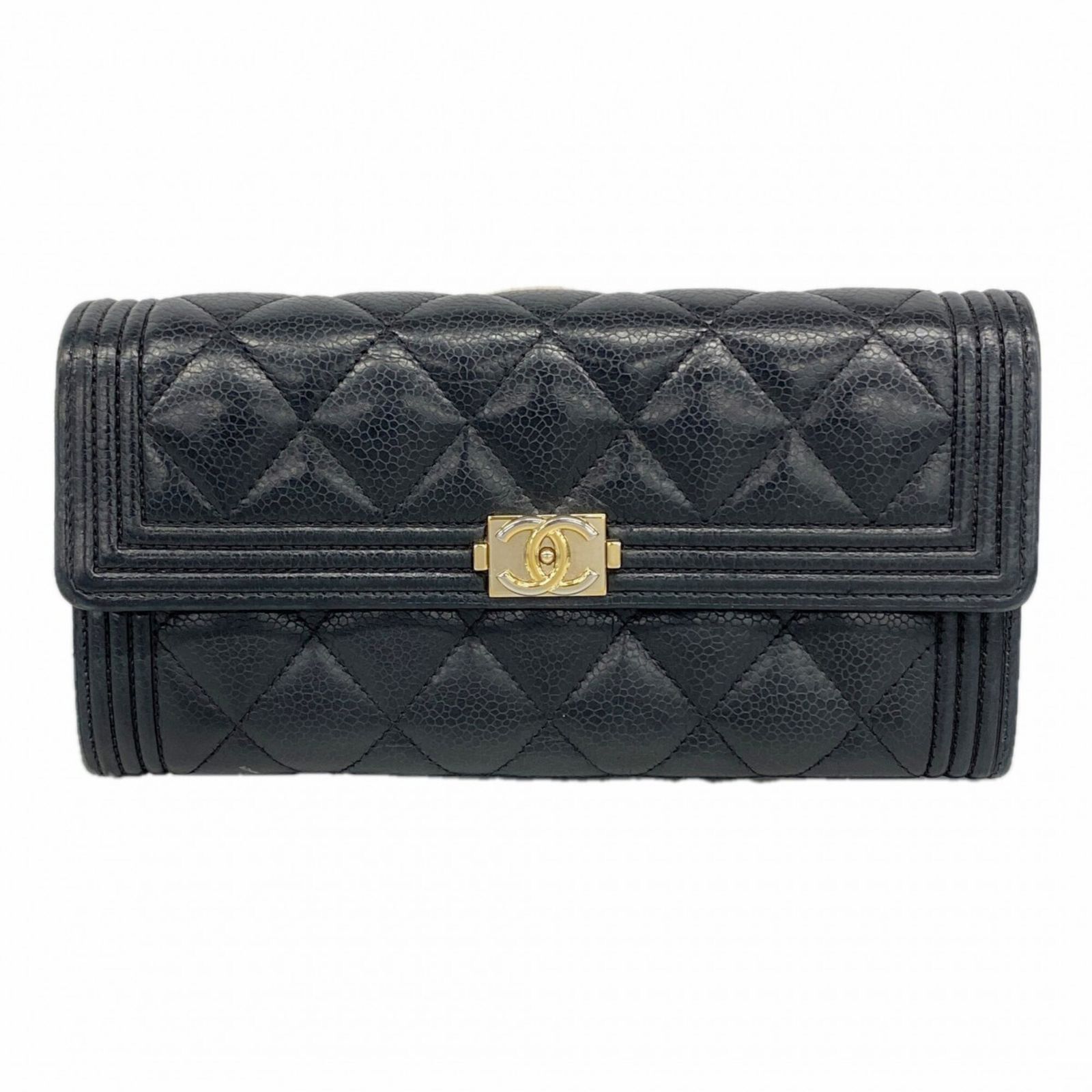 シャネル(Chanel) シャネル 長財布 ボーイシャネル キャビアスキン ブラック シャンパンレディース