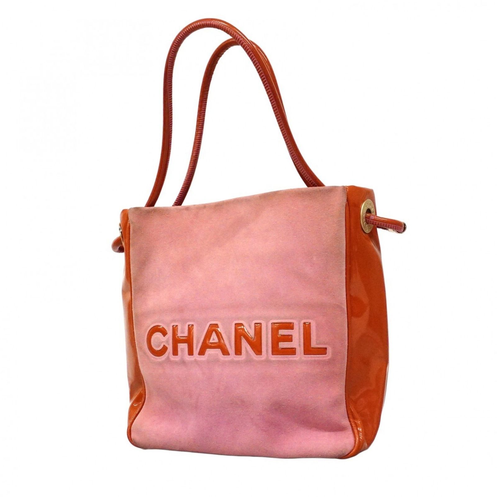 シャネル(Chanel) シャネル トートバッグ カメリア スウェード パテントレザー ピンク オレンジ シャンパンレディース
