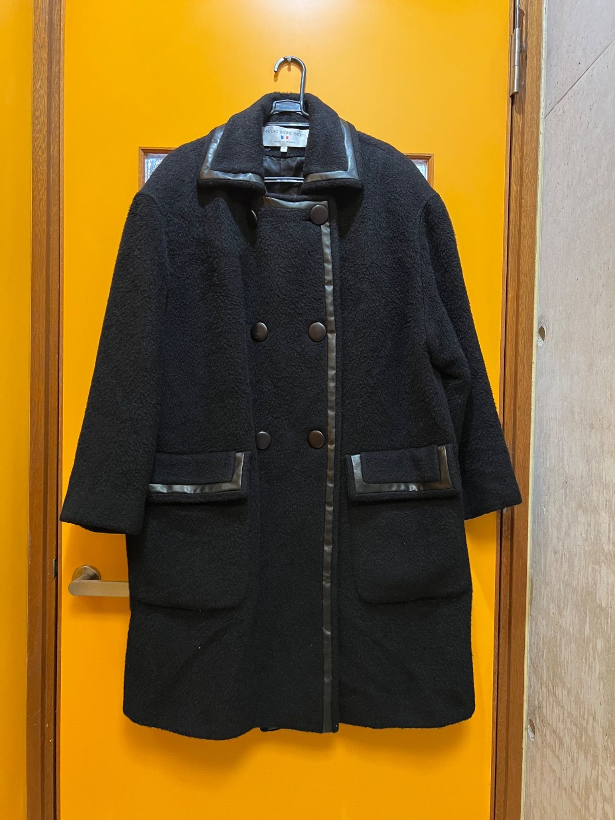 Y【Y12-38】☆ HANAE MORI PARIS　40サイズ　アルパカ・ラムウール・モヘア混合　ダブルブレストコート　黒色