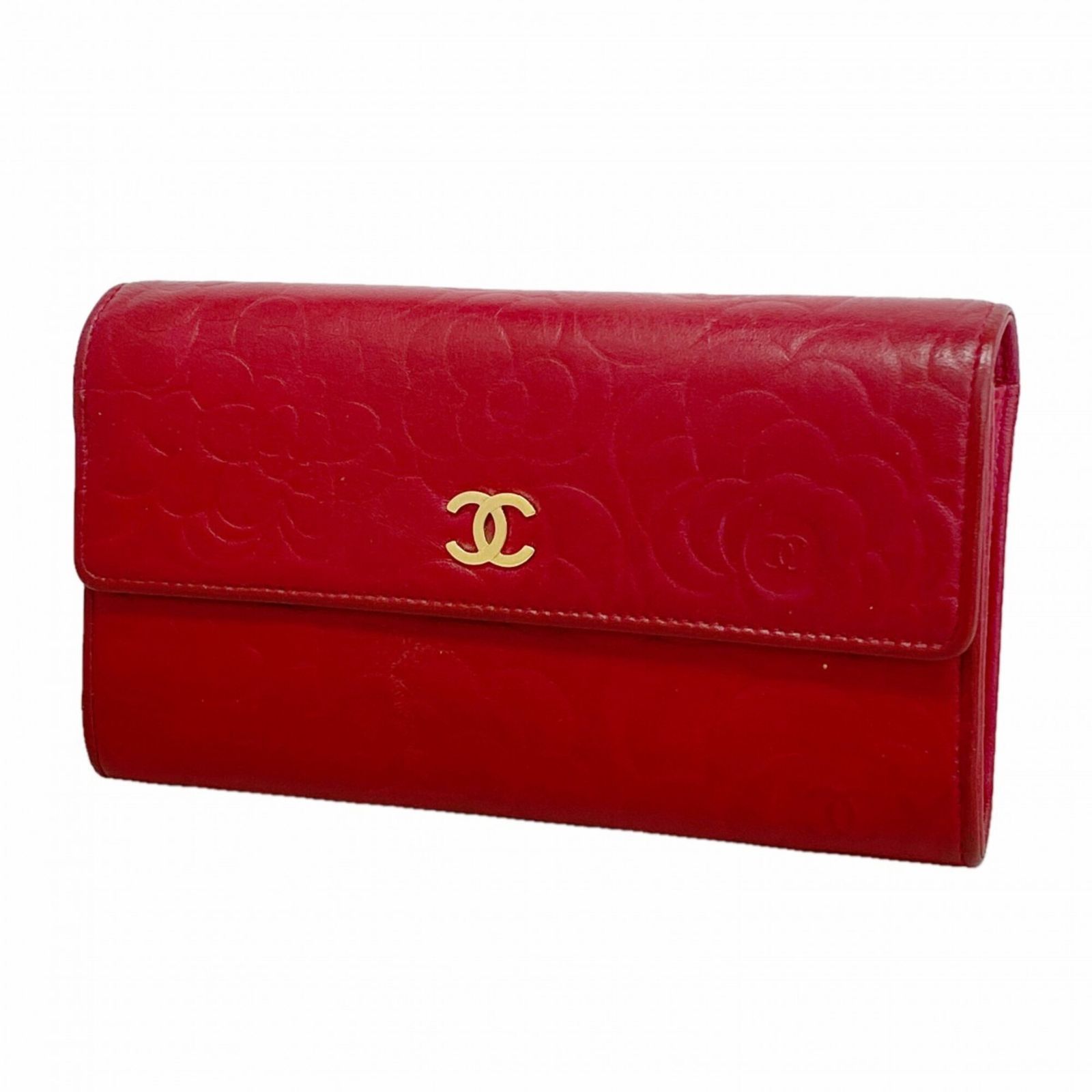 シャネル(Chanel) シャネル 長財布 カメリア ラムスキン レッド ピンク レディース