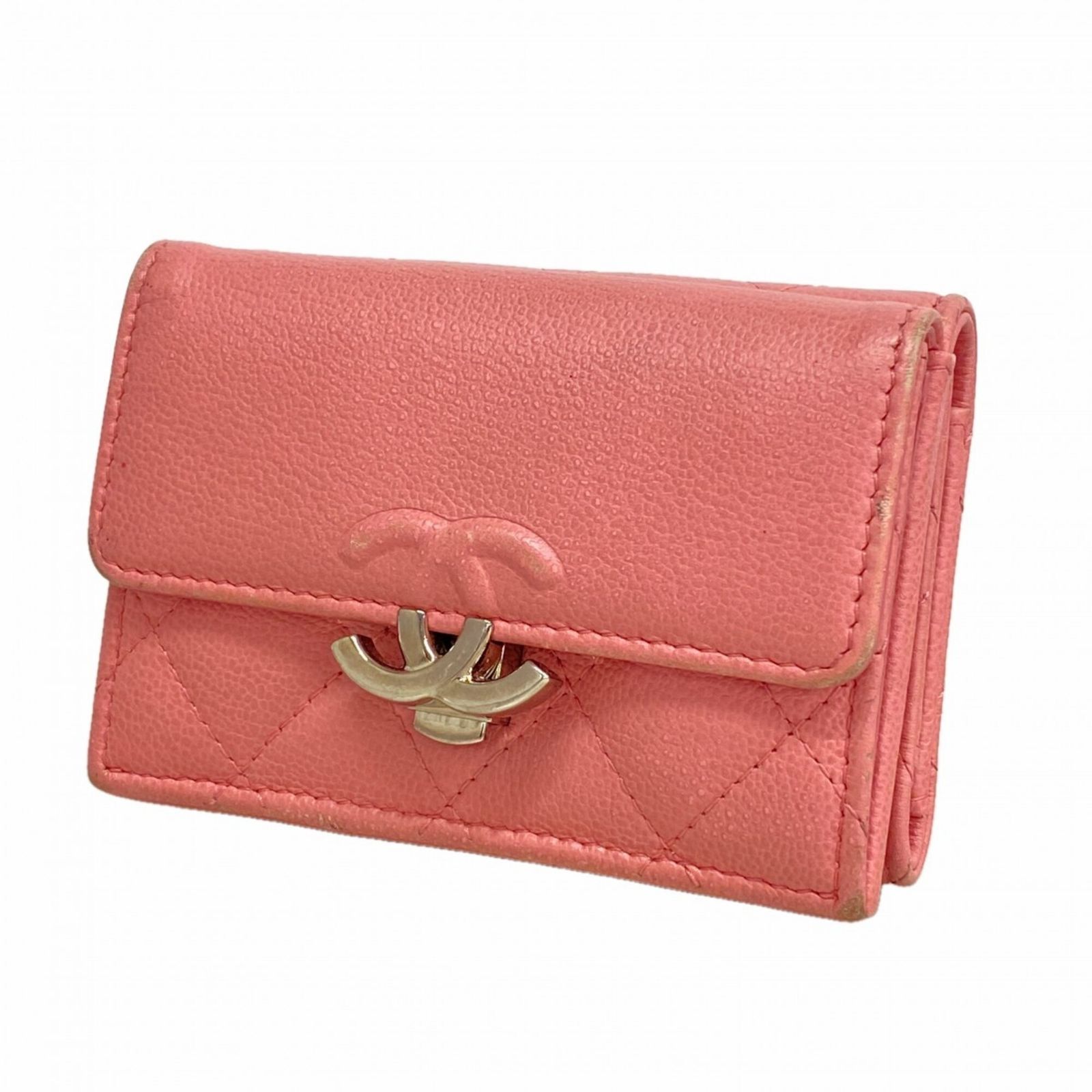 シャネル(Chanel) シャネル 三つ折り財布 マトラッセ ハーフココ キャビアスキン ピンク レディース