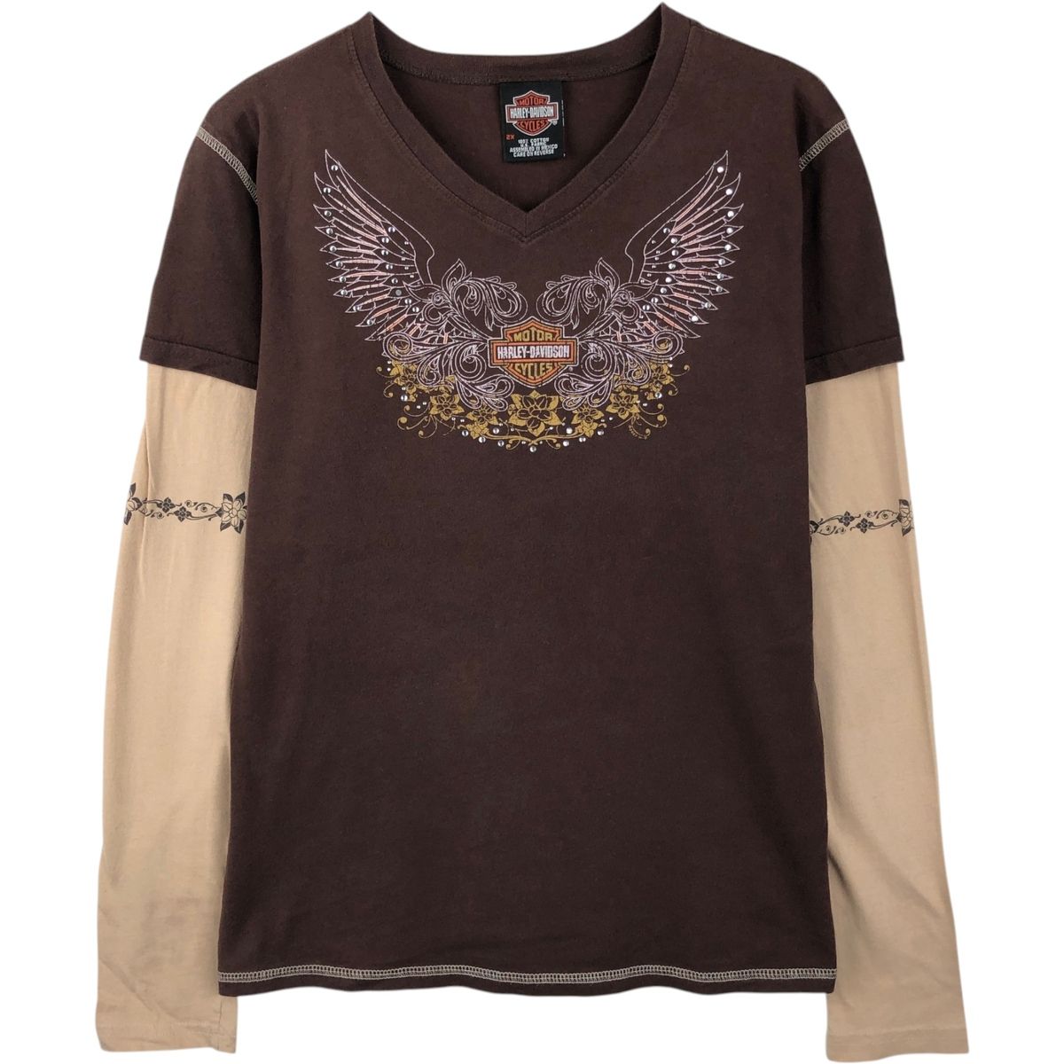 古着 00年代 ハーレーダビッドソン Harley-Davidson 花柄 ライトストーン付き Vネック ロングTシャツ ロンT レディースXXL相当/eaa652751