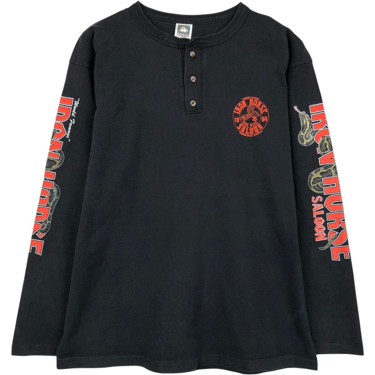 古着 90年代 アンビル Anvil COTTON DELUXE 蛇柄 パイソン柄 ヘンリーネック モーターサイクル ロングTシャツ ロンT USA製/eaa653237