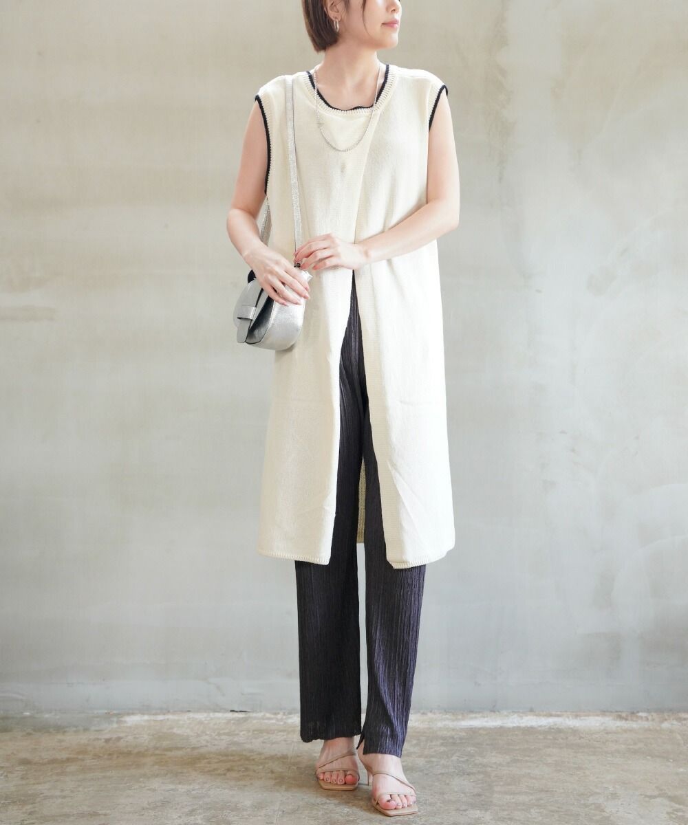 シニヨン CHIGNON ロングベスト ベスト ジレ ニットベスト 2WAY 前後 クルーネック ロング レイヤード 重ね着 ゆったり カジュアル・9743-594DP-5092401(レディース)