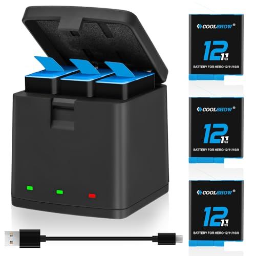 【新品】COOLSHOW GoPro Hero 12/Hero 11/Hero 10/9バッテリー交換3個1800mAh および収納ボックストリプルGoPro Hero 12/11/10/9充電器（USB Type-C付き）GoPro Hero 12 Blac
