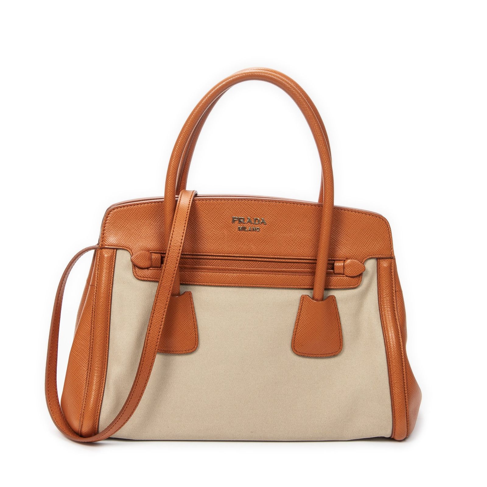 [中古] PRADA プラダMedium Top Handle Toteオレンジ、ベージュウオーベンキャンバスA